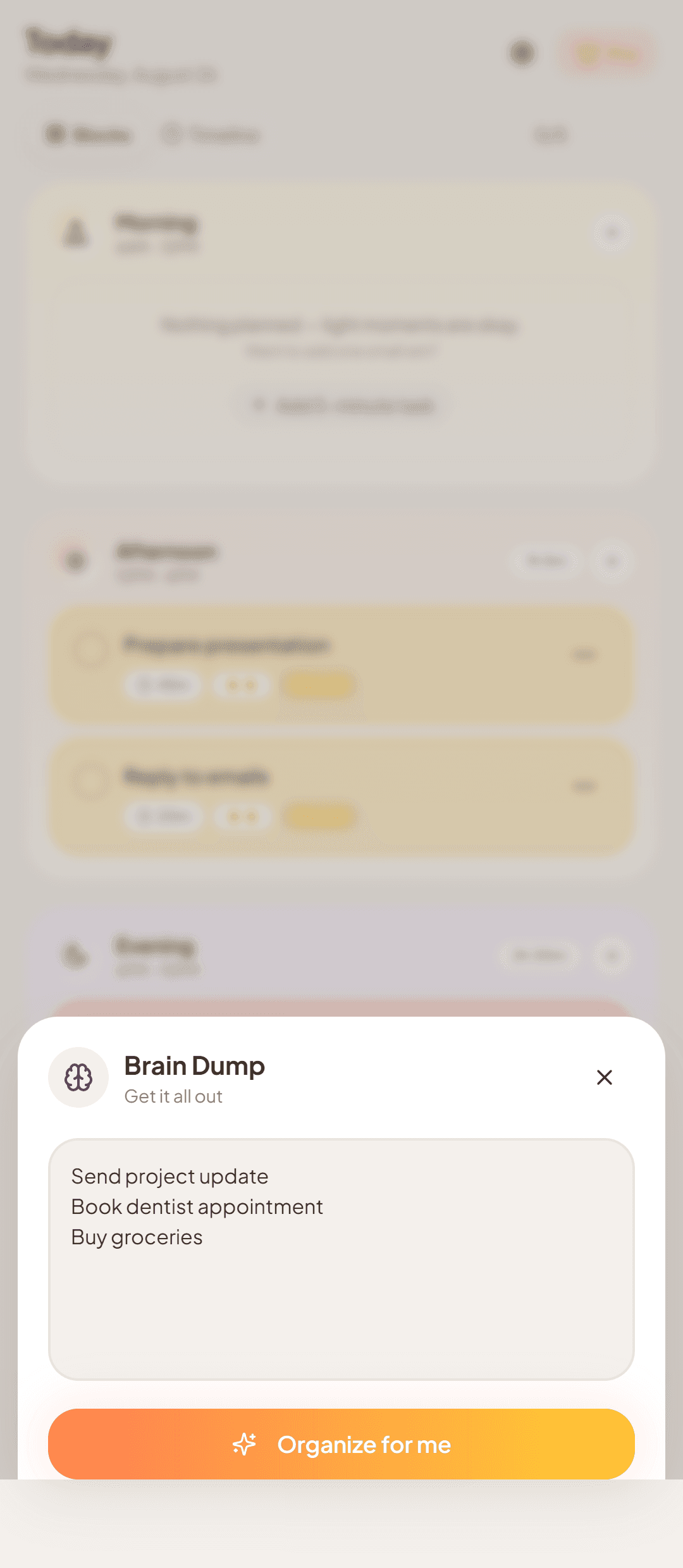 DayFix Brain Dump with several tasks entered for organization