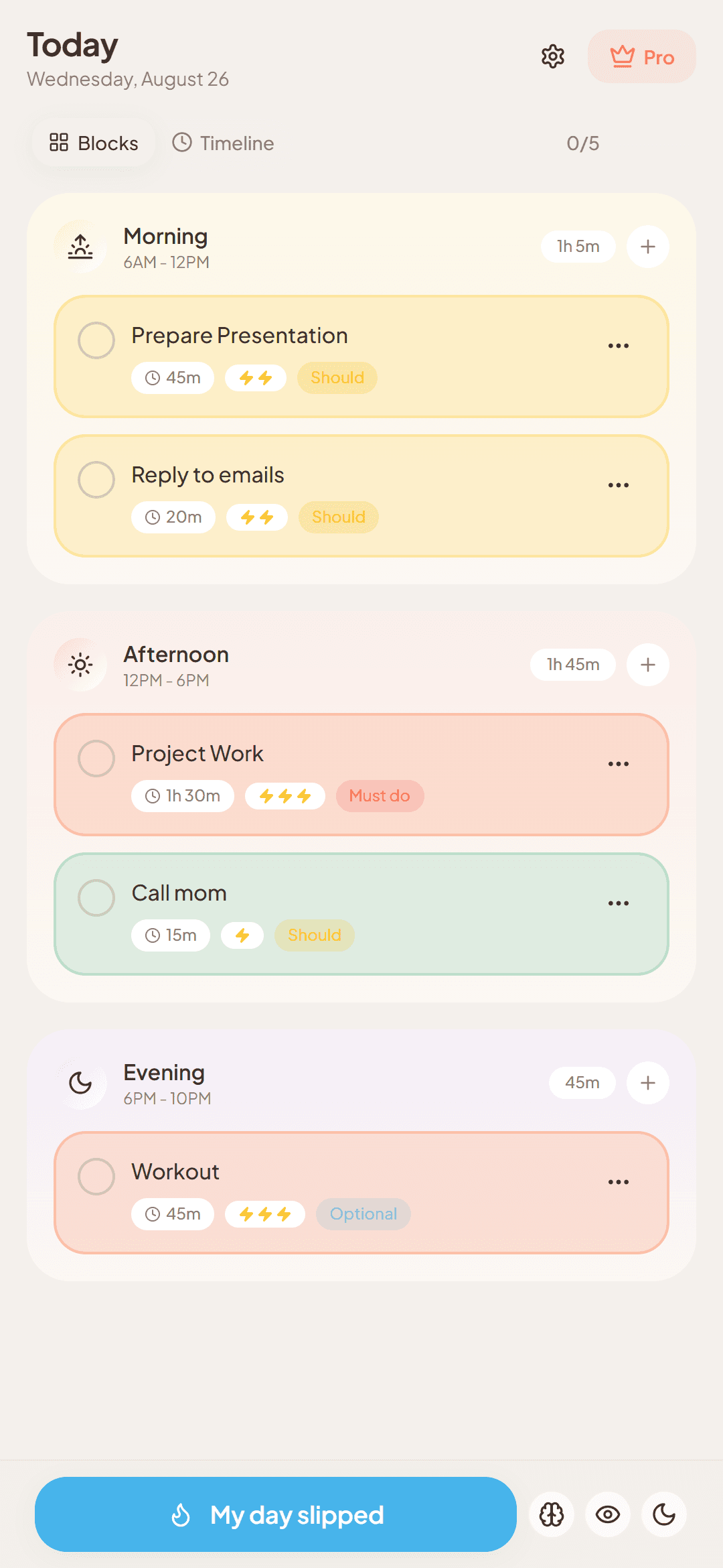 DayFix Today screen with tasks organized into Morning, Afternoon, and Evening