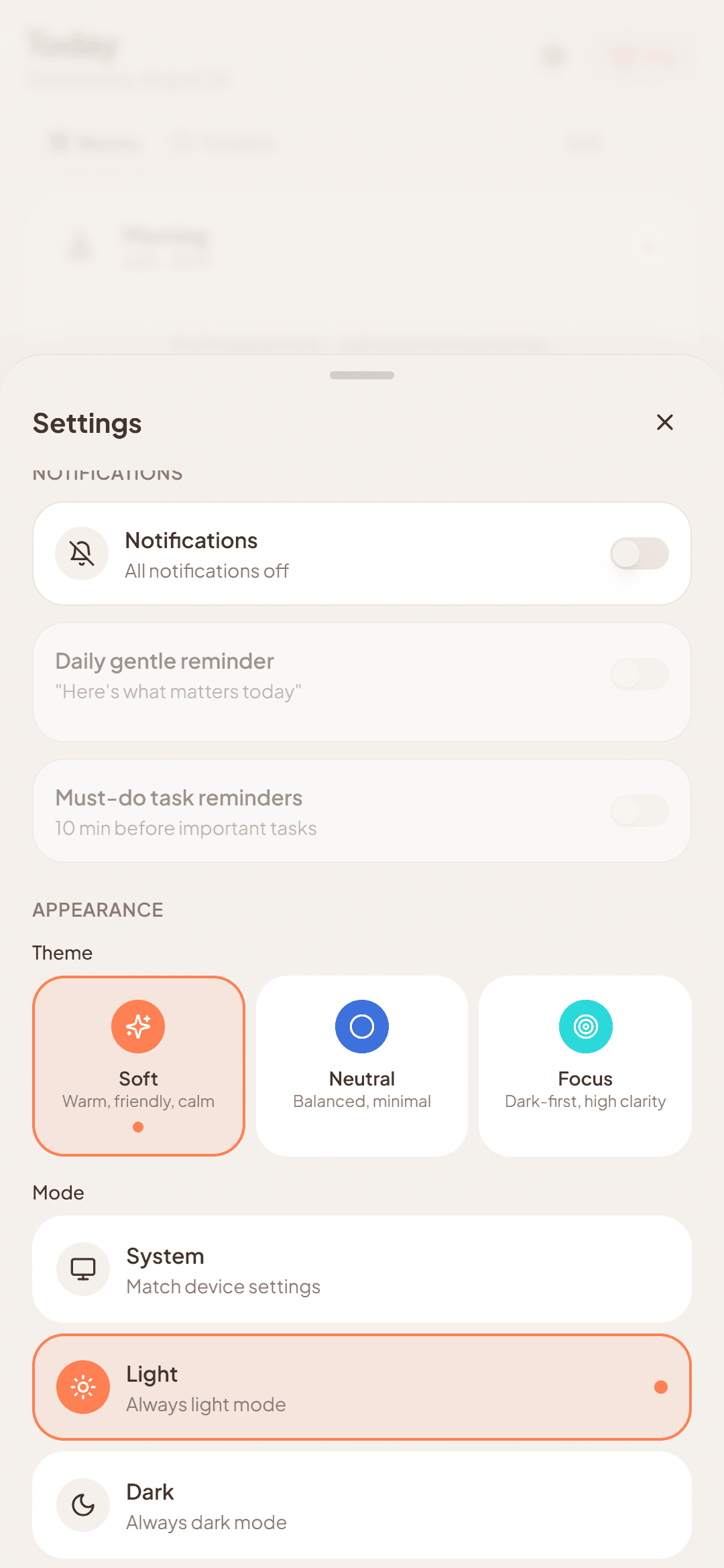 DayFix Appearance settings with Soft, Neutral, and Focus themes and System, Light, and Dark modes